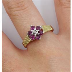 9ct gold ruby flower head cluster ring, hallmarked 