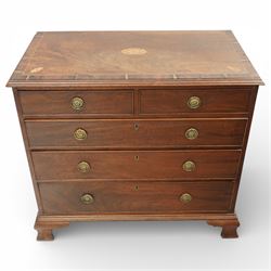 George III crossbanded mahogany chest, rectangular top with crossbanded edge and oval sati...
