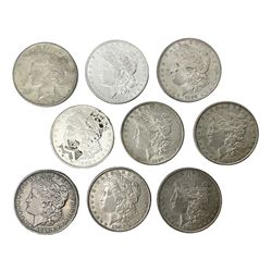 Eight United States of America silver Morgan dollar coins, dated 1882, 1884 O, 1884, 1885, two 1886, 1889, 1890 and a 1925 peace dollar