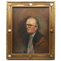 Brenda Bury (British 1932-): Members of European Parliament - 'Sir Stanley James Allen Hill' 'Sir Douglas Dodds-Parker' 'Sir William John Peel' 'Sir Brandon Meredith Rhys-Williams 2nd Baronet' 'Sir Tom Normanton' and 'John Hill MP', set of six oils on canvas signed with initials, in matching frames, 76cm x 59cm (6) Provenance: Property of a Nobleman.