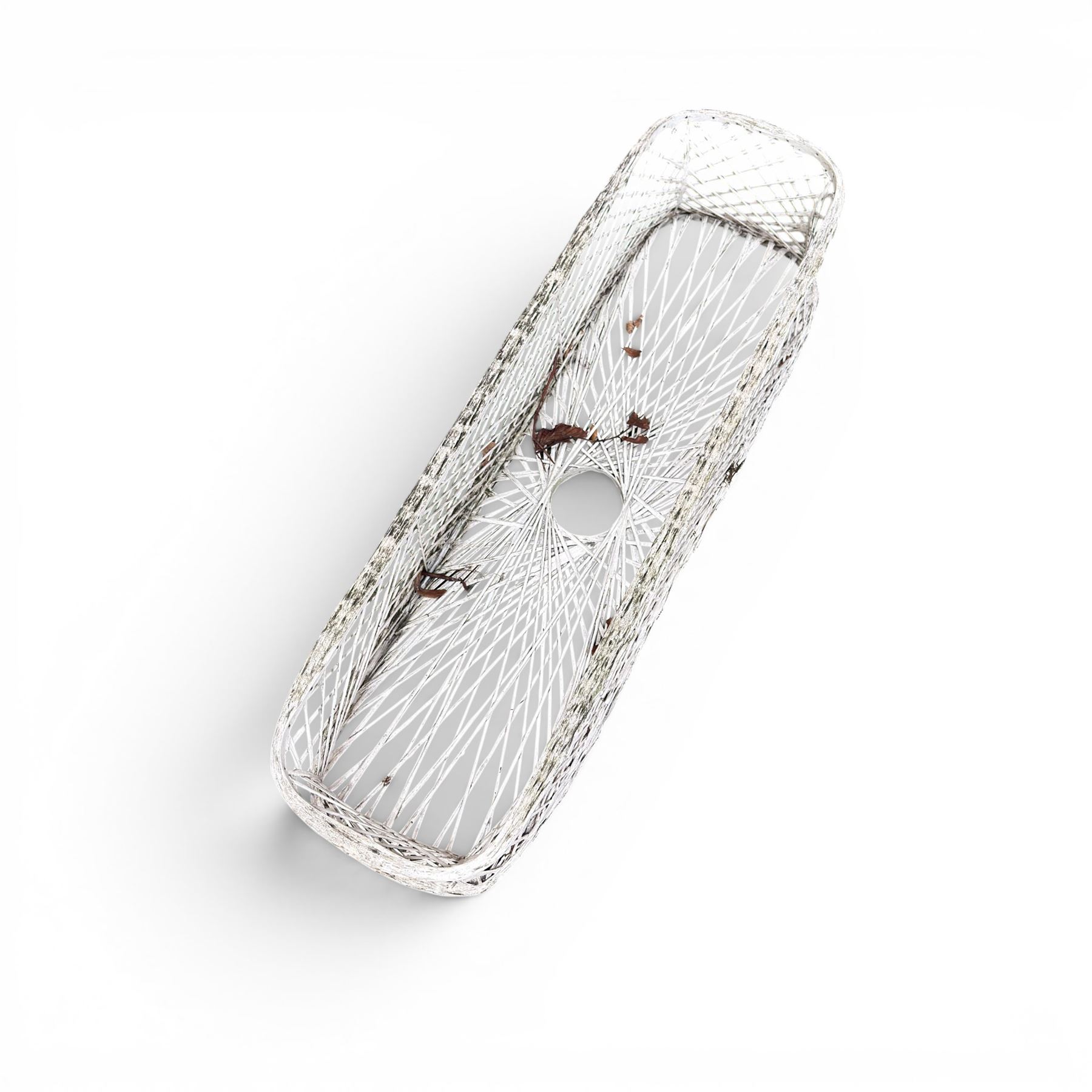 Four early 20th century French painted wicker garden planters, rectangular lattice form with shaped ends