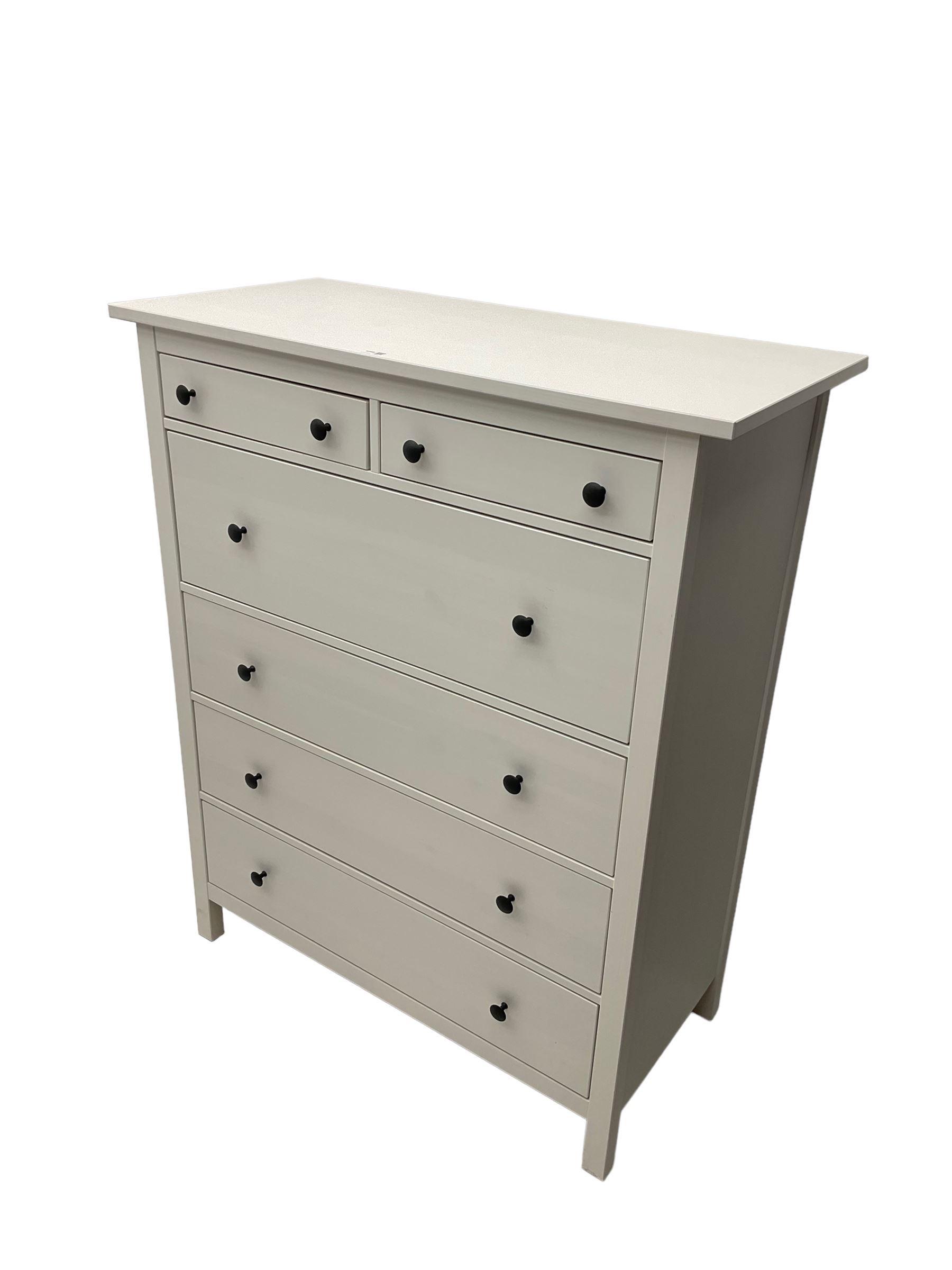 IKEA - 'Hemnes' white finish straight-front chest, fitted with two short and four long drawers; and IKEA - 'Hemnes' pair white finish bedside chests, fitted with two drawers