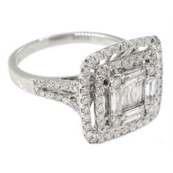18ct white gold round brilliant cut and baguette cut diamond cluster ring, with diamond set shoulders, total diamond weight approx 1.25 carat