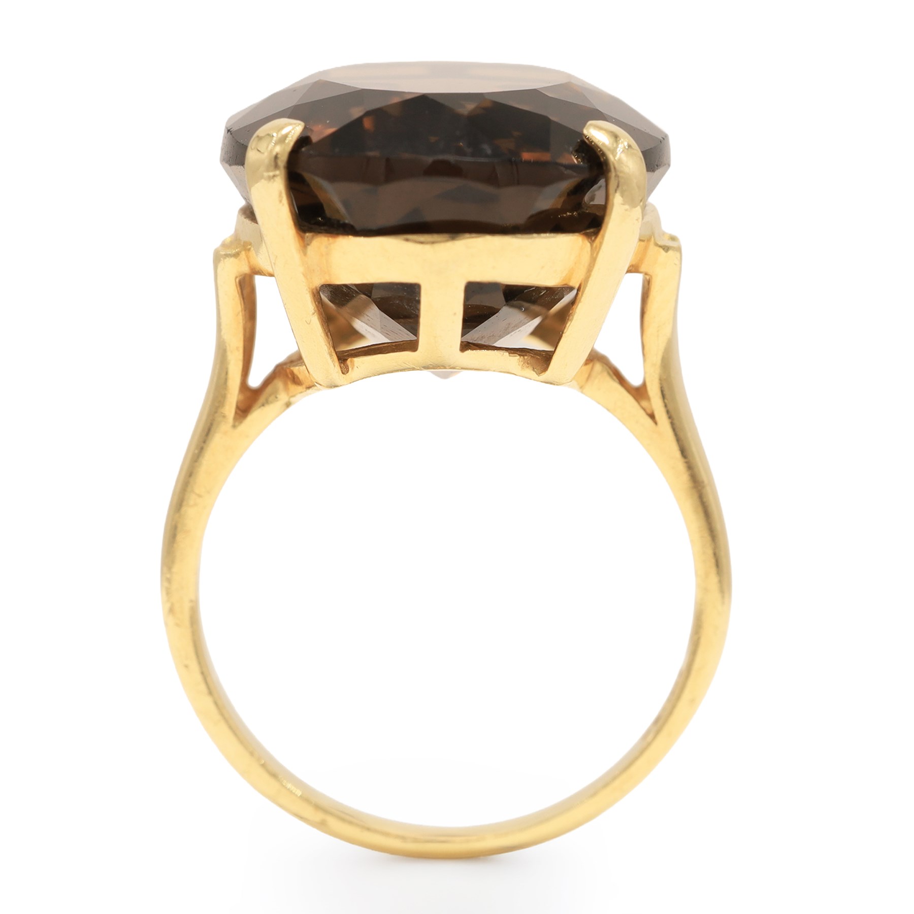 14ct gold smokey quartz ring, four claw set with a single oval cut quartz, stamped