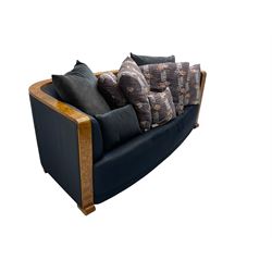 Thörmer Polstermöbel - Art Deco style sofa, of curved tapering form, framed in figured burr elm, upholstered in blue fabric with loose cushions