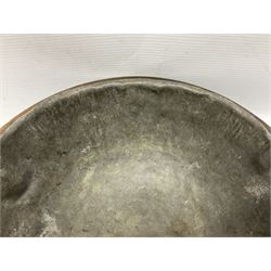 19th century pole lathe turned sycamore bowl, the interior housing lead liner, the exterior decorated with bands of deep grooves, D28cm