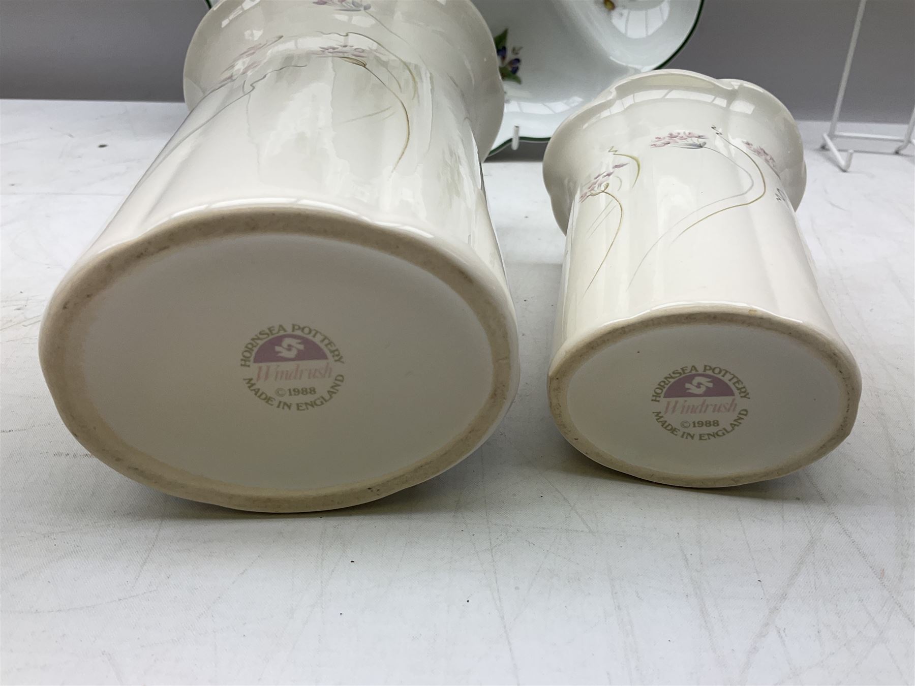 Wedgwood Countryware dinner wares, to include cruets, sauce boat and stand, two jugs etc, together with Wedgwood jasperware boxed HOW Group 40th Birthday 16.5cm plate, Royal Worcester 'Herbs' large sectioned dish and two Hornsea Windrush vases, Sorrento marquetry twin handled tray with musical motif to centre, L40cm, W Widdop brass carriage clock with quartz movement, pellet drum, Whitall Tatum Company No.1 glass insulator, silver plate and other misc etc