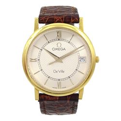 Omega De Ville gentleman's 18ct gold quartz presentation wristwatch, Ref. 73203412, silvered dial, with date aperture, on original leather strap with gilt buckle, boxed with warranty dated 2002