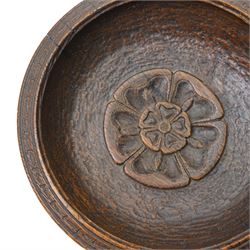 Carved bowl with central Yorkshire Rose motif, with white metal plaque, D25cm; and a similar turned bowl with white metal plaque, D22cm (2)