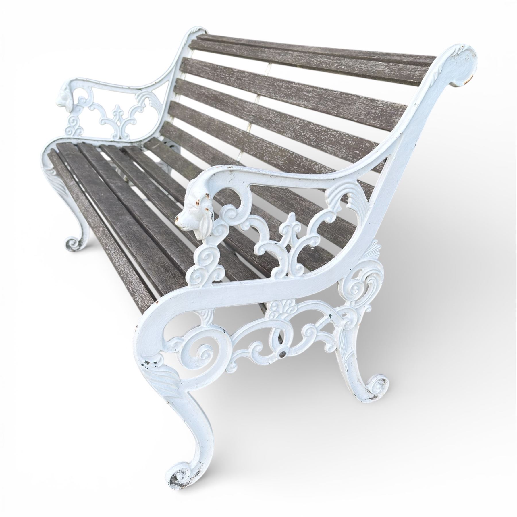 Cast iron and wood slatted garden bench in a white finish