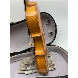 20th century viola with 38.5cm two-piece maple back and ribs and spruce top, bears label 'Alfred Franke Geigenbaumeister Dusseldorf', 64cm overall, in fitted hard carrying case with outer canvas cover