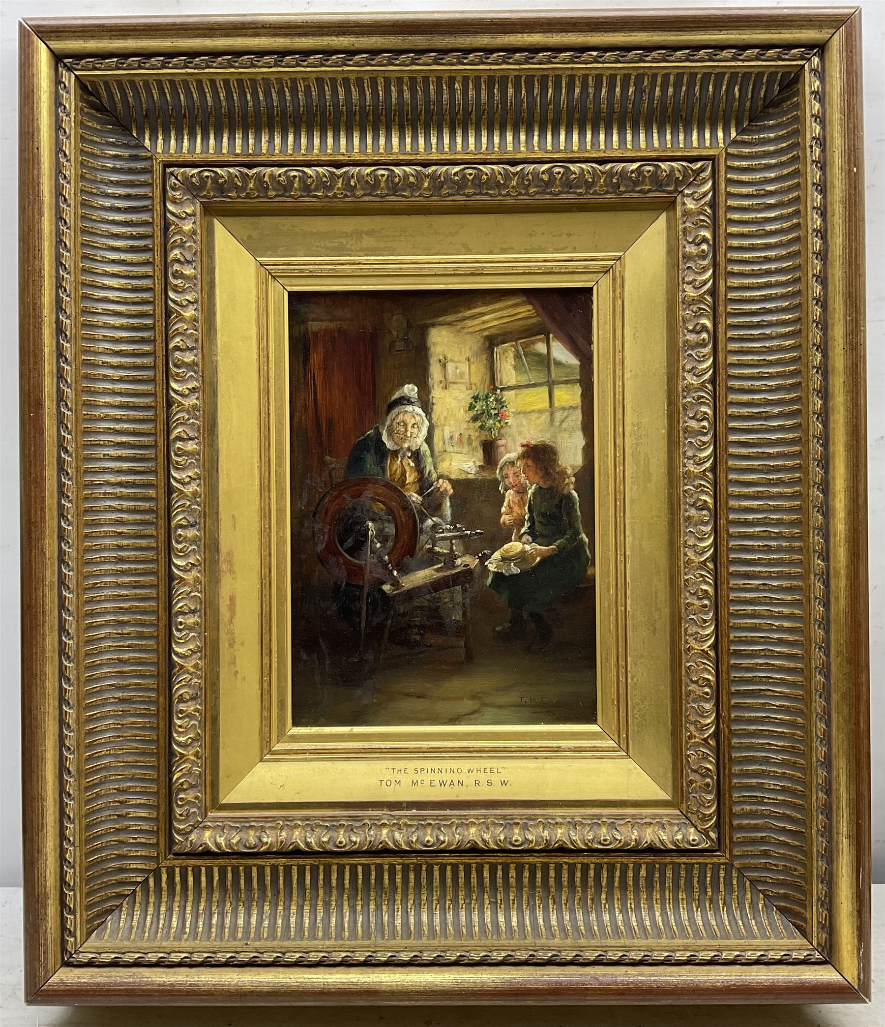 Tom McEwan (Scottish 1846-1914): 'The Spinning Wheel', oil on board signed and titled on mount, dated 1907 verso 25cm x 18cm 