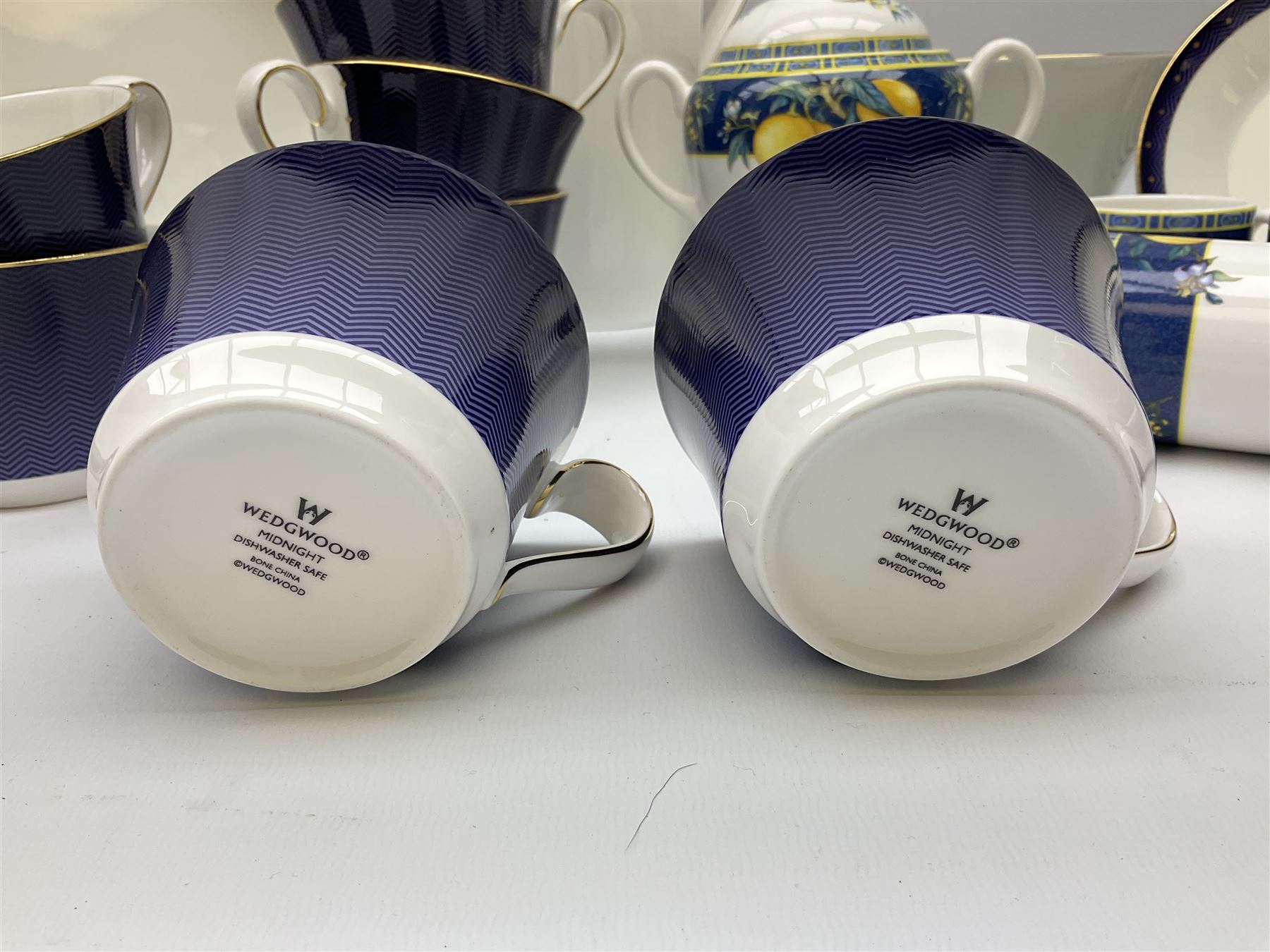 Wedgwood Midnight pattern tea and dinner wares, comprising seven cups and saucers, large jug, eight soup bowls, two large bowls, together with wedgwood citrons coffee wares