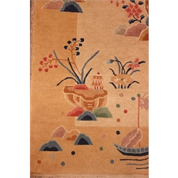  Chinese style beige ground rug depicting rural scenes (181cm x 93cm) and a Chinese style blue ground rug with floral field (177cm x 94cm)  