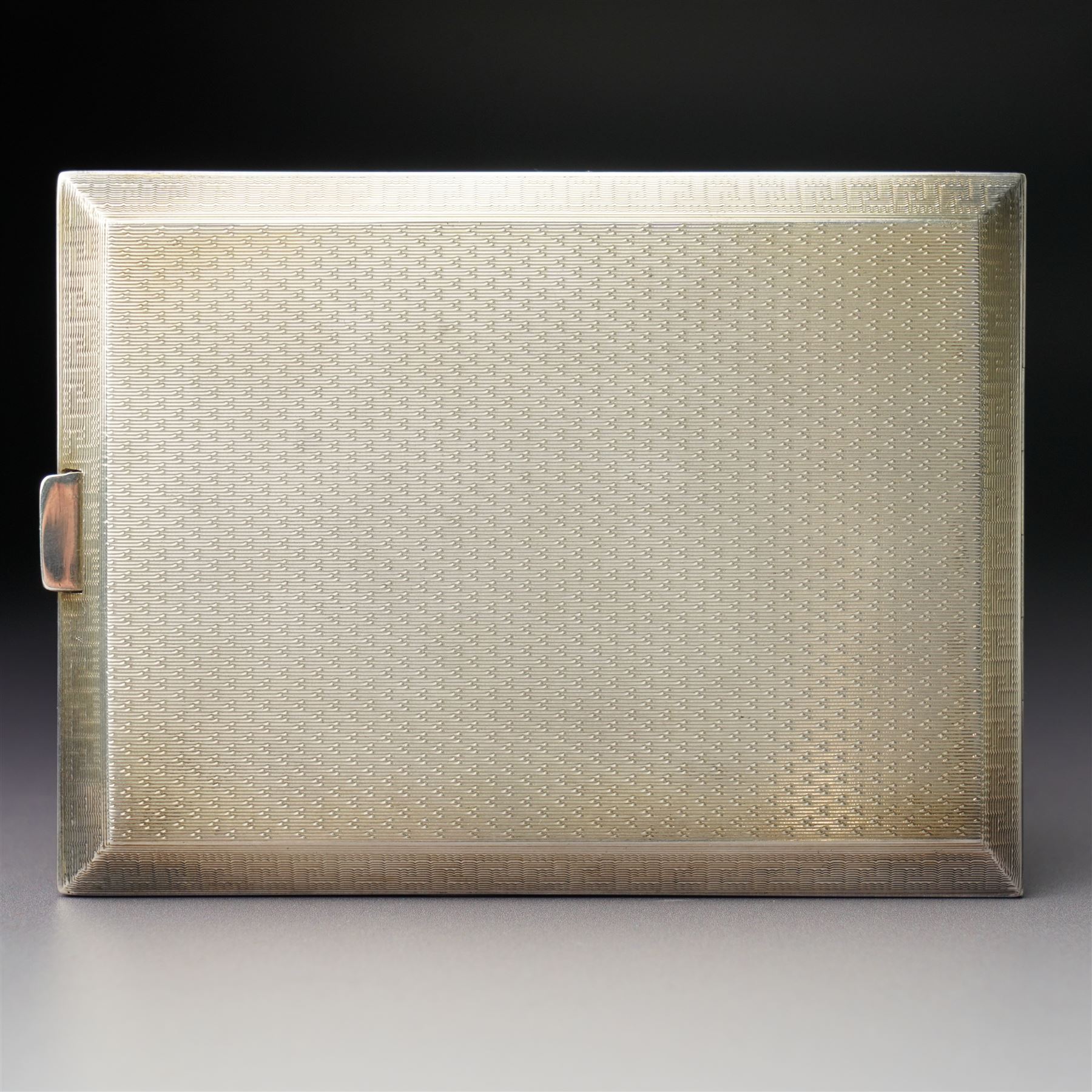 Royalty Interest - Engine turned silver cigarette case with gold crowned cypher, the gilded interior with a greetings card signed 'Edward' and an Egyptian cigarette 11cm x 8cm Birmingham 1925 Maker Adie Bros. Ltd in the original gilt tooled leather case marked 'Hartley, 45 Albemarle St., London'