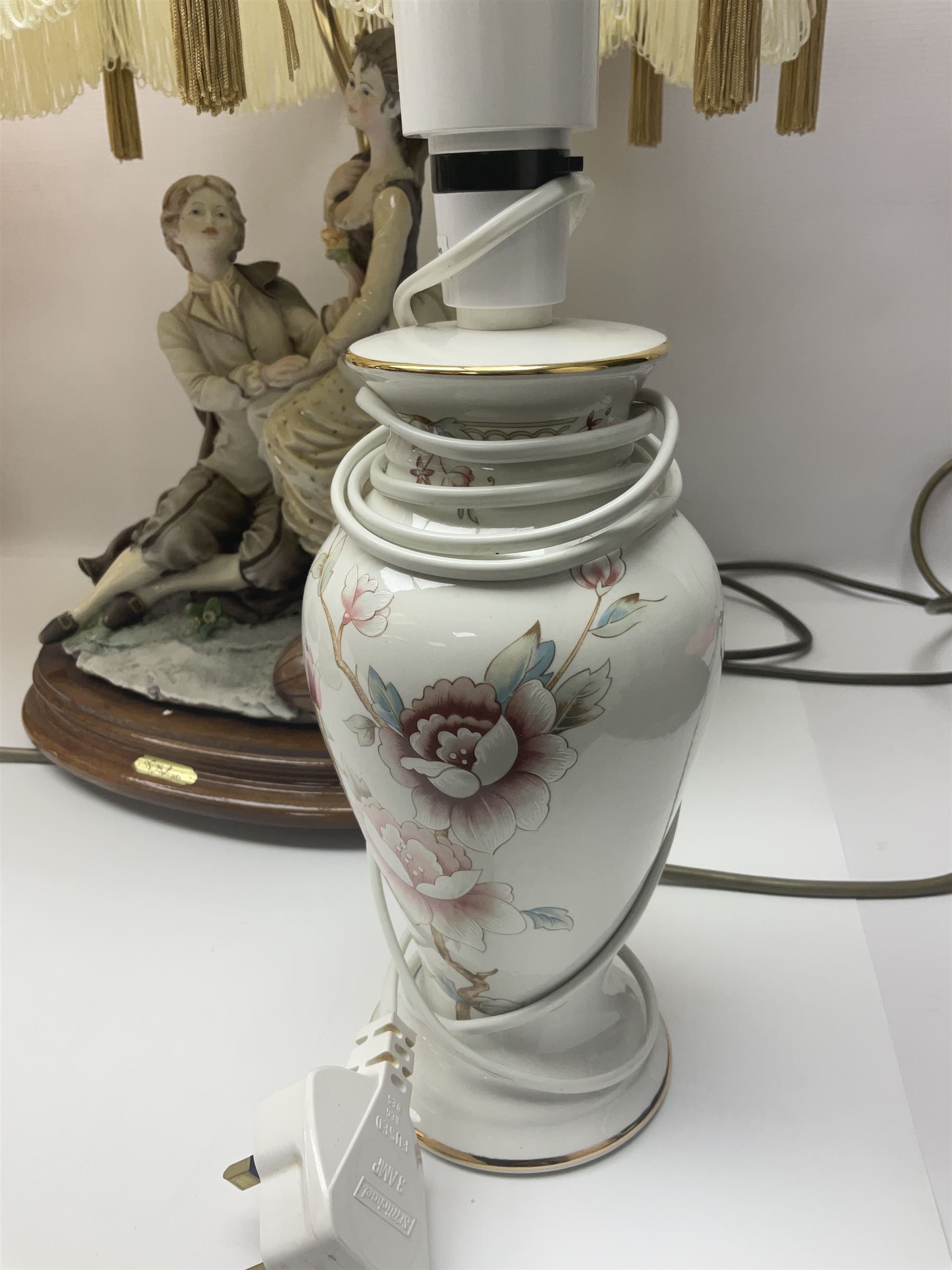 Aynsley Orchard Gold table lamp, together with three figural lamps and two others, some with shades, H56cm