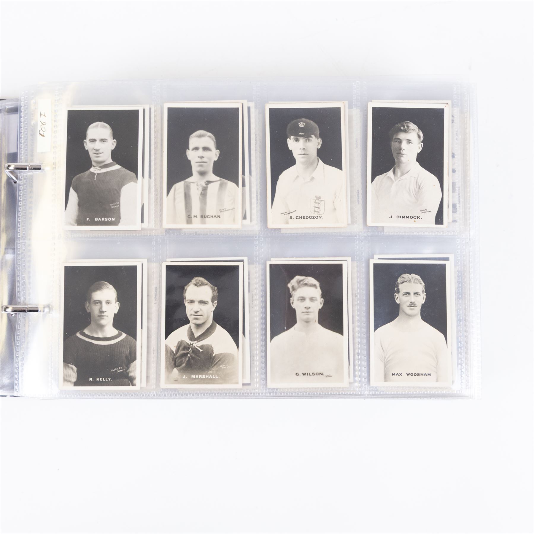 Collection of Edwardian and later Football related trading and cigarette cards, including forty-nine of fifty 1906 Ogden's Football Club Colours, 1922 PALS Footall series, ninety of one hundred 1925 Gallaher Famous Footballers, complete set of forty-four 1926 Ogden's Captains of Association Football Clubs and Colours, complete set of fifty 1927 Players Football Caricatures by MAC,  complete set of fifty 1927 Players Football Caricatures by RIP,  complete set of fifty 1930 Players Association Cup Winners, complete set of 50 1933 Ogdens AFC Nicknames etc, housed in brown cigarette card album