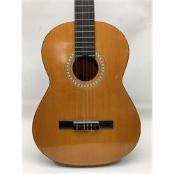 Spanish BM acoustic guitar with mahogany back and sides and spruce top L101cm; in cello carrying case; Roland foot pedal and two Yamaha foot pedals; tin D# organ pipe; folding music stand etc