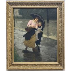 Carl Von Bergen (German 1853-1933): Sisters Caught in the Rain, oil on canvas signed and dated 1898, 54cm x 44cm 