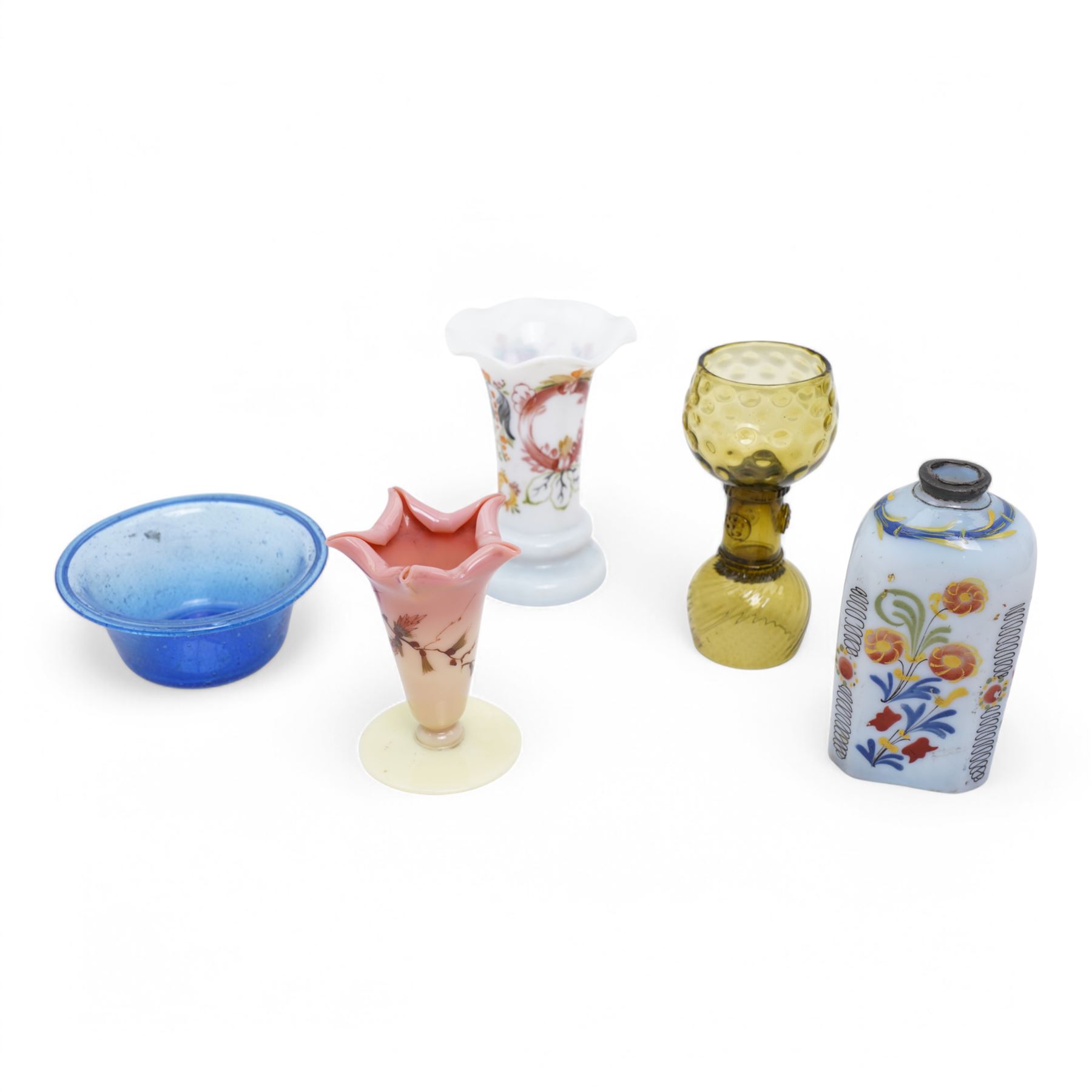 Thomas Webb & Sons Queens 'Burmese' glass posy vase, c.1880, of trumpet form with fluted rim, impressed mark to base, H10cm; with a selection of 19th century and later glassware, including enamelled milk glass, wine glass etc