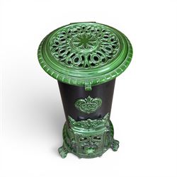 French Godin cast iron enamel stove, circular form, finished in green and black paint
