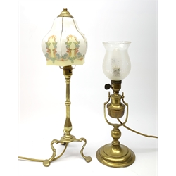 Two brass table lamps, one example with Art Nouveau decoration to the glass shade, H49cm. 