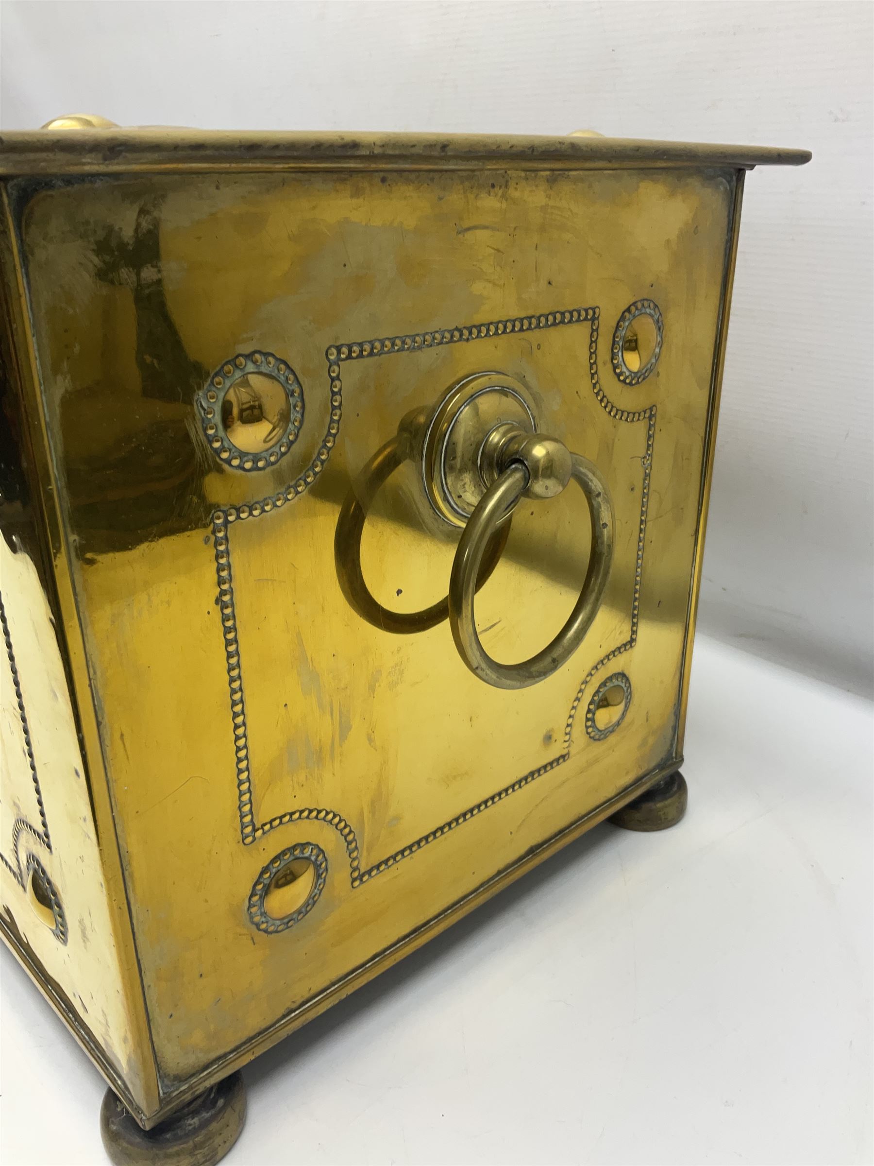 Brass rectangular coal box with handles and hinged lid