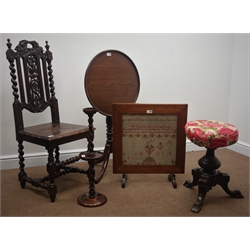  19th century mahogany pedestal table, piano stool and barley twist stand, a Carolean style hall chair and an early 19th century sampler firescreen dated '1827'  