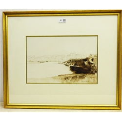 Sir David Young Cameron RA (Scottish 1865-1945): Castle and Loch, pencil and sepia wash signed 23cm x 35cm