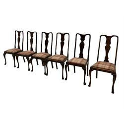 Mixed set of twelve early 20th century mahogany Queen Anne style dining chairs, all with shaped vase backs and cabriole front supports, matching drop-in seats upholstered in tartan patterned fabric