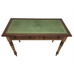 20th century mahogany writing table, inset leather top, fitted with two drawers