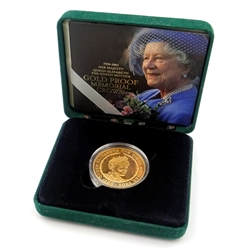  Queen Elizabeth II 2002 gold proof five pound coin, 'Her Majesty Queen Elizabeth The Queen Mother Gold Proof Memorial Crown', struck in 22 carat gold, cased with certificate  