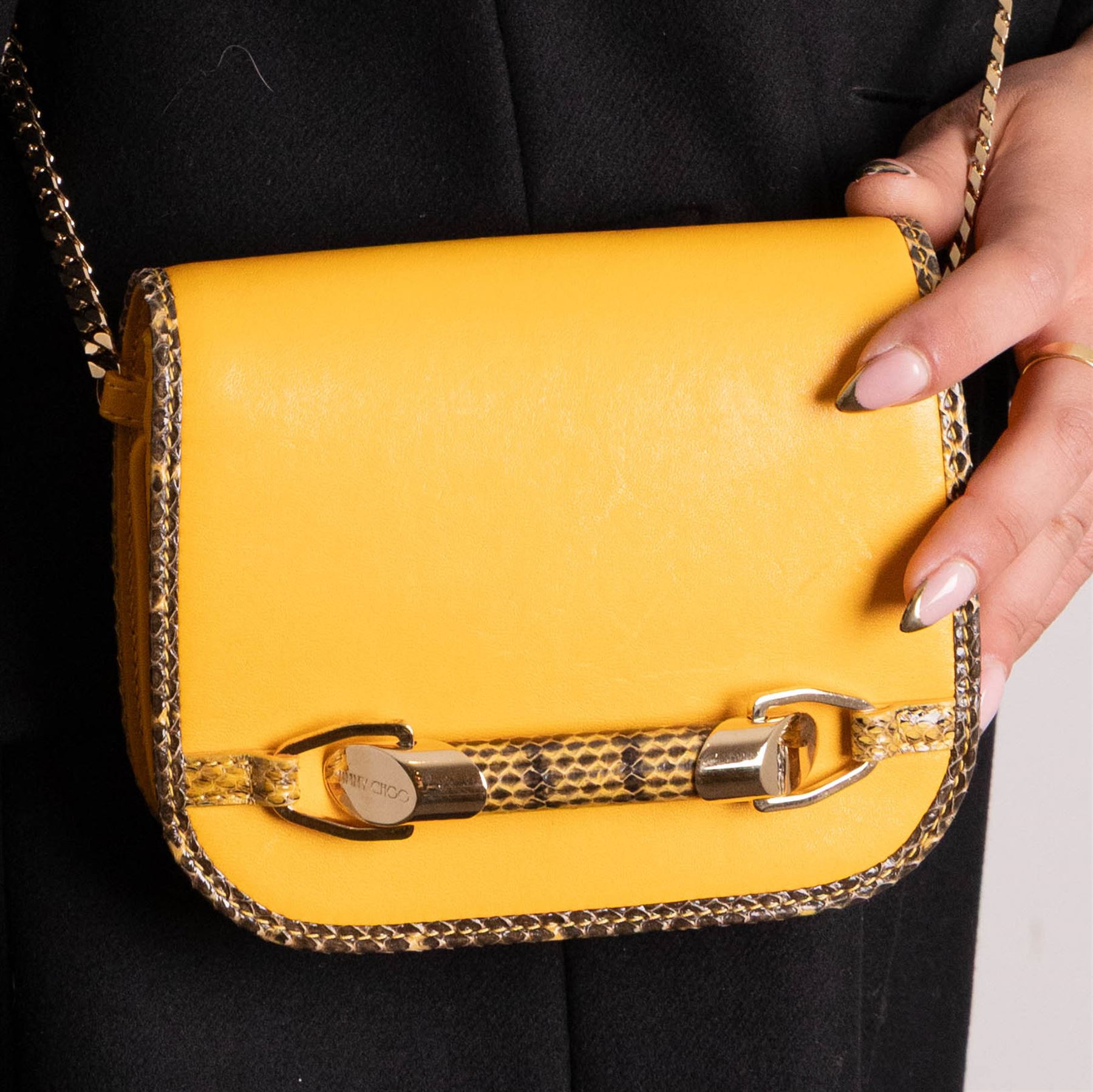 Jimmy Choo - ‘Shadow’ Mini Bag, introduced circa 2016, in mustard yellow leather with python trim and gold-tone chain shoulder or crossbody strap and hardware, unused with original dust bag