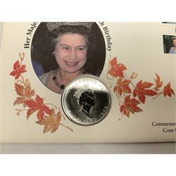 Eight coin covers including, 'Her Majesty Queen Elizabeth II 70th Birthday' containing a 1996 Canadian one ounce silver coin, three coin covers commemorating the 21st Birthday of HRH Prince William each containing a silver coin, '1895 1952 A Tribute to HM King George VI' containing a South Africa 1952 five shilling coin, 'The Notting Hill Carnival' containing a 1998 fifty pence etc (8)