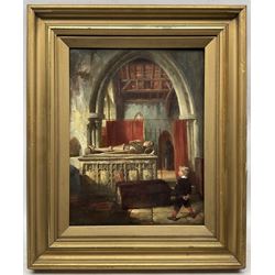 James Lobley (British 1828-1888): Boy Stood Before the Tomb of a Knight, oil on canvas board signed 42cm x 32cm 