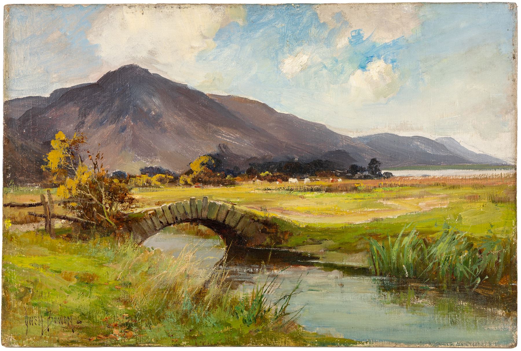 Owen Bowen (Staithes Group 1873-1967): Stone Bridge in the Lake District, believed to be Bassenthwaite, oil on canvas laid on to board signed 30.5cm x 45.5cm (unframed)