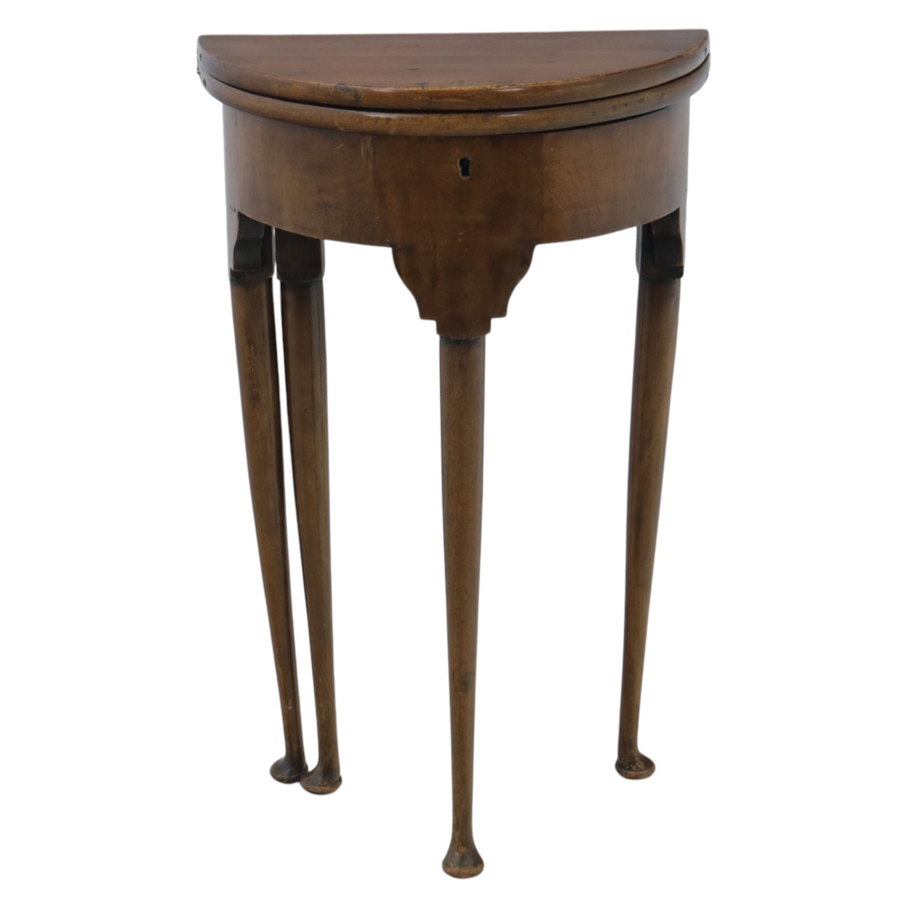 Small proportioned 19th century demi-lune drinks table, foldover top with gate action, raise on tapering cabriole legs