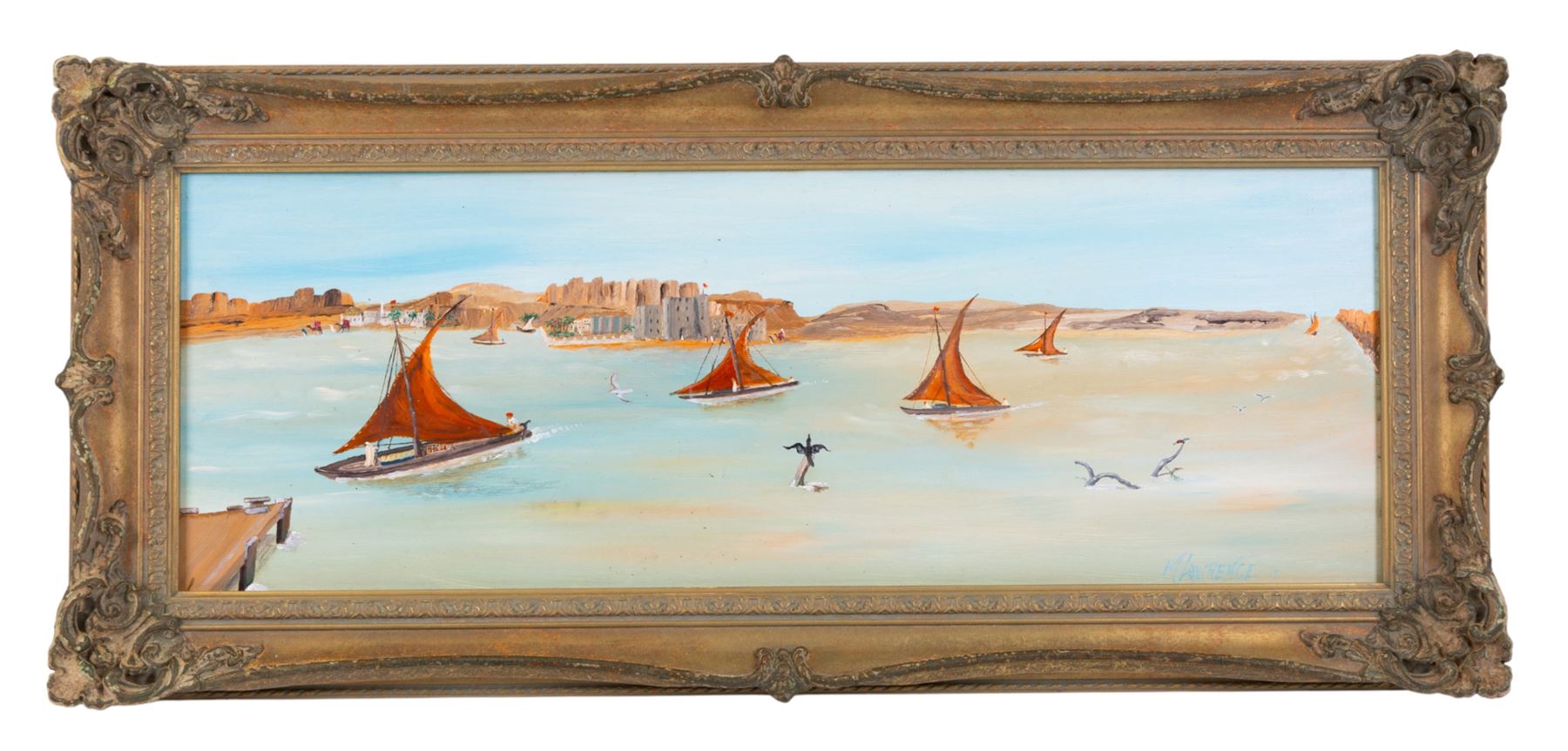 Michael Lawrence (British Contemporary): Merchant Vessels off a North African Port, oil on board signed 25cm x 71cm