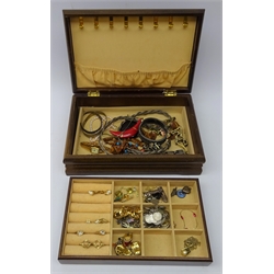  Two silver bangles, silver threepence bracelet, other silver, copper and brass handcrafted necklace and earring set, Sekonda & Seiko ladies wristwatches and costume jewellery in wooden jewellery box with lift out tray   