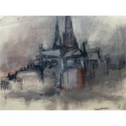 Honor Brogan (British 20th Century): 'Ship of Faith - Litchfield Cathedral from Stowe Pool', oil pastel on paper signed, titled verso 56cm x 74cm
