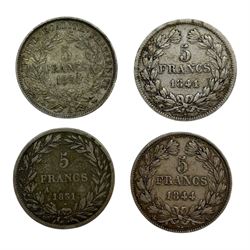 Four French silver five franc coins, dated 1831 A, 1841 W, 1844 A and 1851 A 