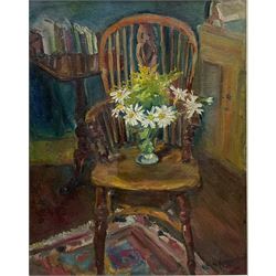 Attrib. Mikhail Petrovic Konchalovsky (Russian 1906-2000): Still Life Windsor chair with Vase of Flowers, oil on canvas laid on board signed and dated 1954, 56cm x 44cm