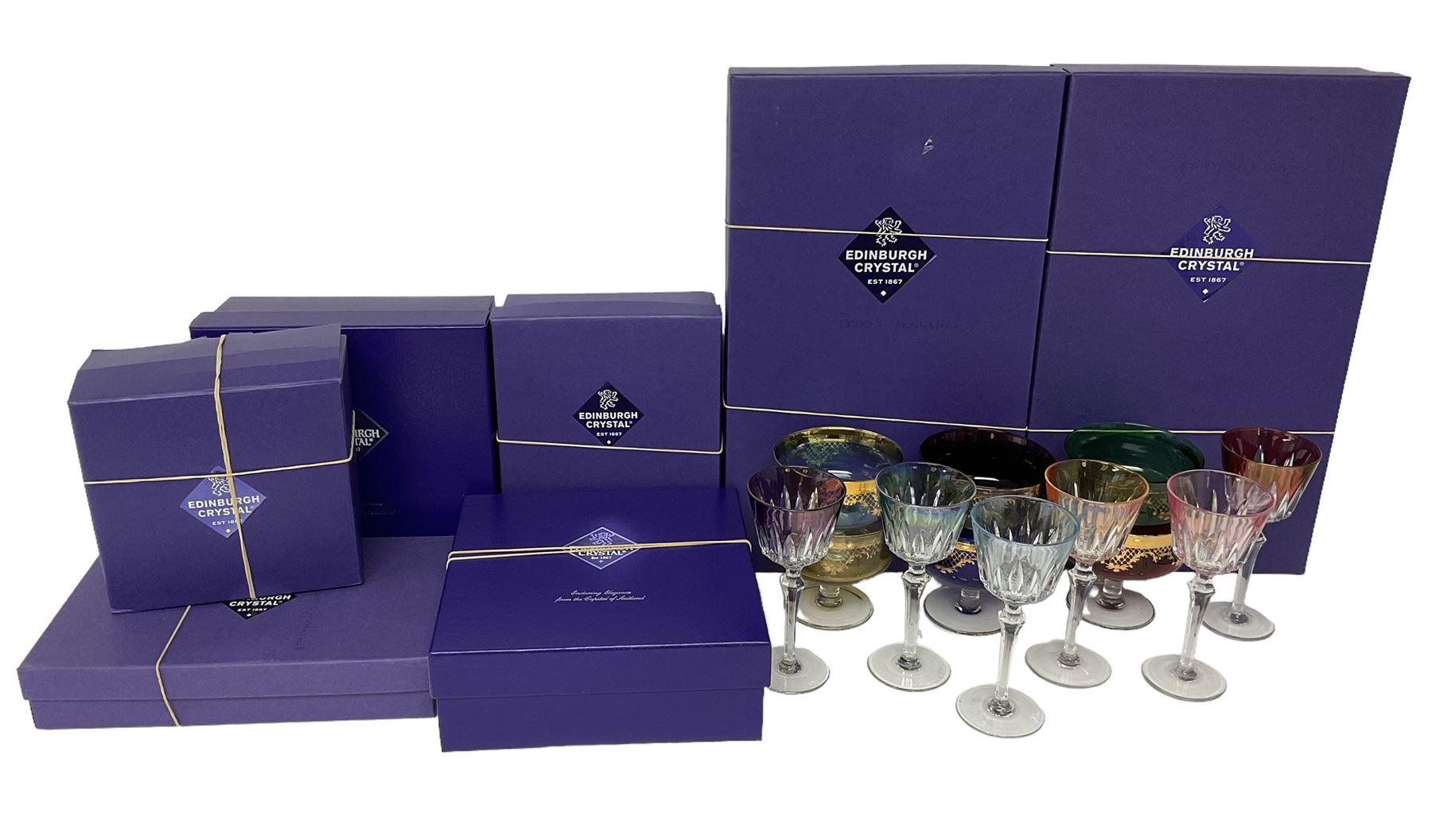 Set of six hock glasses with coloured bowls, together with set of six footed glass bowls of various colours, and large quantity of boxed Edinburgh Crystal glass ware