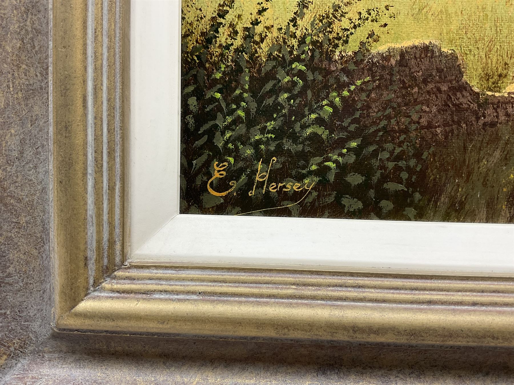 Edward Hersey (British 1948-): Chickens Feeding in Farmyard Ruins, oil on canvas signed 39cm x 59cm