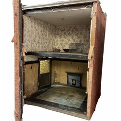 Late 19th/early 20th century pine dolls house for restoration of Victorian two-sided double fronted two-storey form with additional separate two-storey extension, brick paper covered walls with undecorated roof, two bay windows and portico with tin roofs, the single hinged front enclosing central hall, stairs and landing flanked by two rooms to either side, each fitted with a 'cast-iron' fire-place or range, the separate extension with two rooms and roof terrace, main house H85cm W93cm D57cm extension H57cm W41cm D52cm