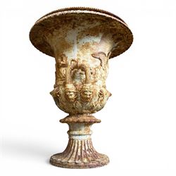 Andrew Handyside - pair of 19th century best quality cast iron garden urns, individually detailed in relief Allegorical Figures and Helaldic Swans, campagna form with twin handles, detail under rim, raised on circular fluted base