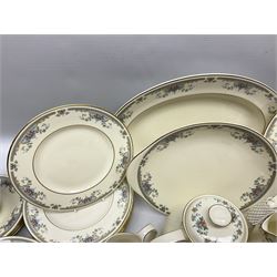 Royal Doulton Romance Collection Juliet pattern tea and dinner service for six, to include dinner plates, lidded tureen, teapot, teapots, saucers, jugs, sauce boat and stand, cake plate, coffee cans and saucers, soup bowls etc, including spares