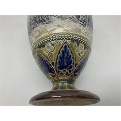 Late 19th century Doulton Lambeth sgraffito vase decorated by Hannah Barlow, of ovoid form with waisted neck and flared rim, upon a circular spreading foot, decorated with a central sgraffito band of grazing cattle between shell and foliate detailed borders, with impressed and incised marks beneath including monogram, H28cm
