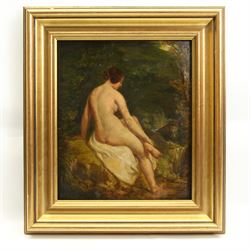 William Etty RA (York 1787-1849): The Bathing Nymph, oil on panel inscribed verso 29cm x 25cm
Provenance: from the collection of Father John O'Connor, a Bradford Roman Catholic priest and the basis for GK Chesterton's detective Father Brown. He was associated with various painters, authors and artists during his time including the likes of Eric Gill and Etty.
