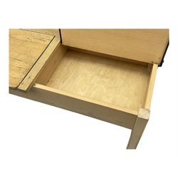 Mid-20th century beechwood school desk, rectangular lift-top desk with storage compartment, supported by square legs with cross stretchers; two matching beech chairs (3)